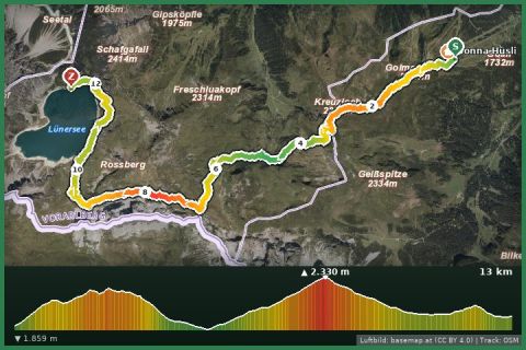 Karte: Montafoner Rätikonrunde | Bergstation Golmerbahn bis Douglass Hütte