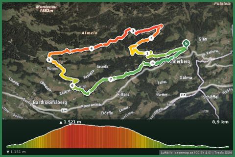 Karte: Rundwanderweg auf dem Bartholomäberg über Tora-, Fula- und Fritzasee
