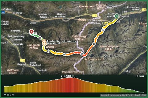Karte: T33 Wanderung 33 km (Montafon Arlberg Marathon St. Anton am Arlberg)