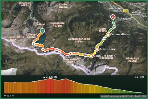Karte: Vom Lünersee über Verajoch, Öfapass, Lindauer Hütte nach Latschau