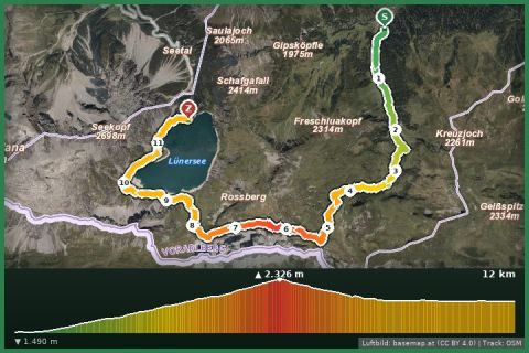 Karte: Vom Rellstal über die Zaluandaalpe, Schweizertor und Verajoch zum Lünersee