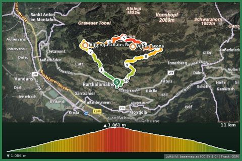 Karte: Von Bartholomäberg über Rellseck, Monteneu und Fritzensee zum hist. Bergwerk