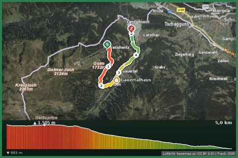 Karte: Von Golmerbahn Mittelstation über Plazadels ins Gauertal nach Latschau