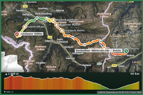 Karte: Zentralalpenweg 02A – Verwall-Variante (Zeinisjoch – Heilbronner Hütte – Wormser Hütte – Schruns – Lindauer Hütte)